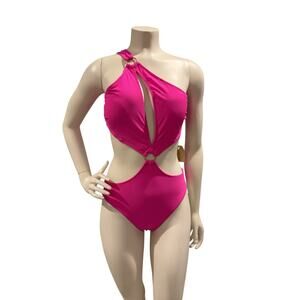 Hilinker Women Sexy Ring Front Cut Out 1 Piece One Shoulder Swim-Bathing Suit M